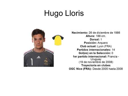 Hugo Lloris Nacimiento: 26 de diciembre de 1986 Altura: 188 cm. Dorsal: 1 Posición: Arquero Club actual: Lyon (FRA) Partidos internacionales: 14 Gol(es)