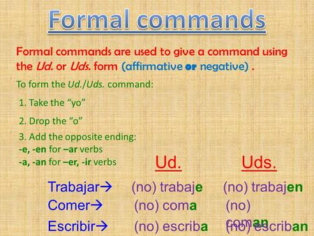 To form the Ud./Uds. command: 1. Take the “yo” 2. Drop the “o” 3. Add the opposite ending: -e, -en for –ar verbs -a, -an for –er, -ir verbs Trabajar 
