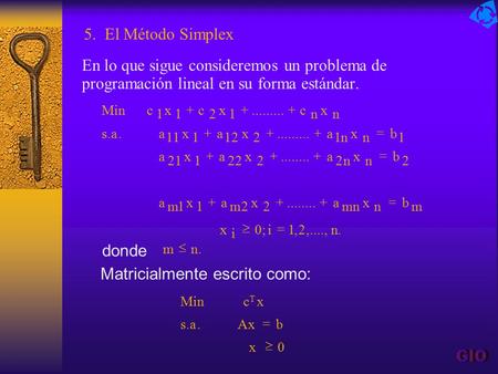 5. El Método Simplex En lo que sigue consideremos un problema de programación lineal en su forma estándar. + . ........ 2 1 22 21 ......... 12 11 ³ =