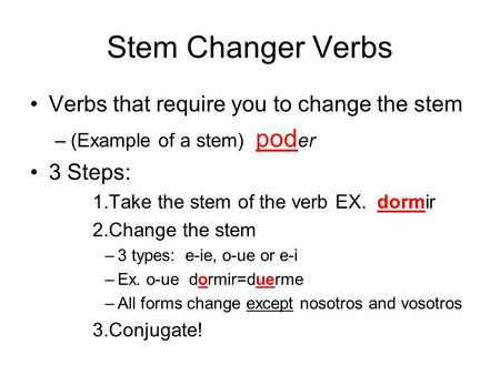 Stem Changer Verbs Verbs that require you to change the stem –(Example of a stem) pod er 3 Steps: 1.Take the stem of the verb EX. dormir 2.Change the.