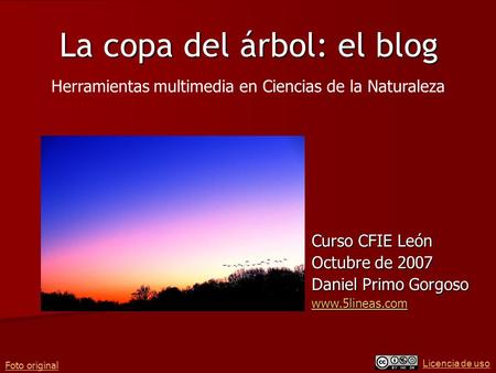 La copa del árbol: el blog Curso CFIE León Octubre de 2007 Daniel Primo Gorgoso www.5lineas.com Licencia de uso Herramientas multimedia en Ciencias de.