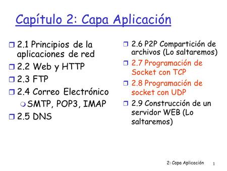 2: Capa Aplicación 1 Capítulo 2: Capa Aplicación  2.1 Principios de la aplicaciones de red  2.2 Web y HTTP  2.3 FTP  2.4 Correo Electrónico  SMTP,