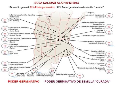 SOJA CALIDAD ALAP 2013/2014 Promedio general: 82% Poder germinativo 91% Poder germinativo de semilla “curada” PODER GERMINATIVOPODER GERMINATIVO DE SEMILLA.