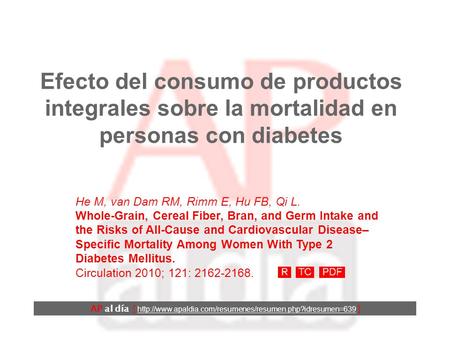 Efecto del consumo de productos integrales sobre la mortalidad en personas con diabetes He M, van Dam RM, Rimm E, Hu FB, Qi L. Whole-Grain, Cereal Fiber,