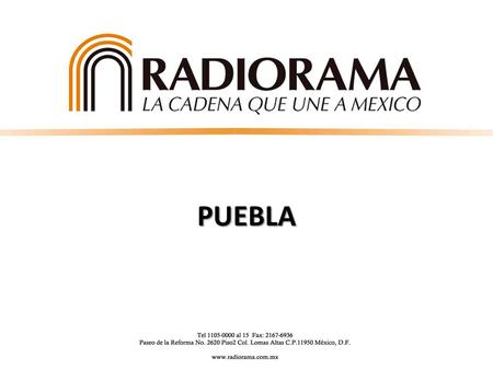 PUEBLA. Proyección de habitantes en el 2014 según CONAPO 5,908,879 Cobertura de Radiorama Población total de los municipios Fuente: