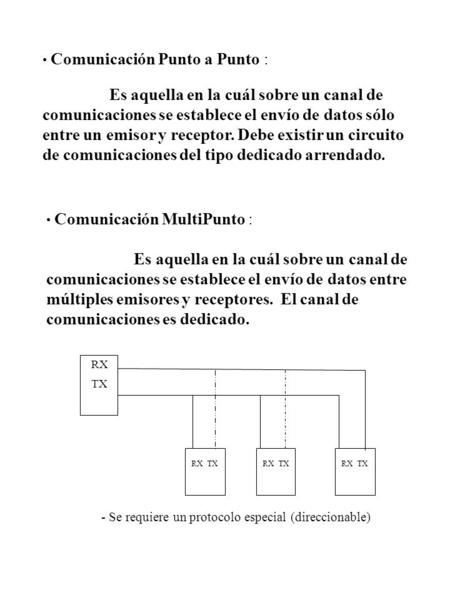 Comunicación Punto a Punto : Es aquella en la cuál sobre un canal de comunicaciones se establece el envío de datos sólo entre un emisor y receptor. Debe.