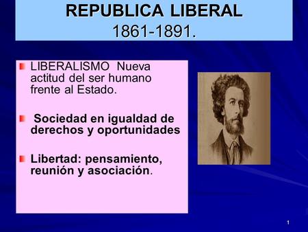 REPUBLICA LIBERAL 1861-1891. LIBERALISMO Nueva actitud del ser humano frente al Estado. Sociedad en igualdad de derechos y oportunidades Libertad: pensamiento,