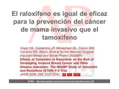 El raloxifeno es igual de eficaz para la prevención del cáncer de mama invasivo que el tamoxifeno AP al día [