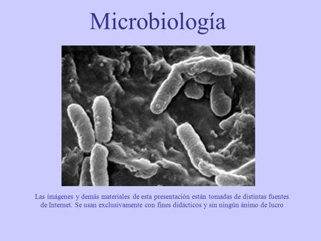 Microbiología Las imágenes y demás materiales de esta presentación están tomadas de distintas fuentes de Internet. Se usan exclusivamente con fines didácticos.