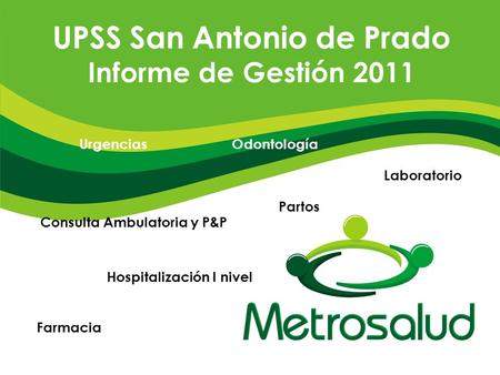 Urgencias Hospitalización I nivel Partos Consulta Ambulatoria y P&P Odontología Laboratorio Farmacia UPSS San Antonio de Prado Informe de Gestión 2011.