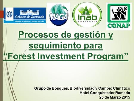 Procesos de gestión y seguimiento para “Forest Investment Program” Grupo de Bosques, Biodiversidad y Cambio Climático Hotel Conquistador Ramada 25 de Marzo.