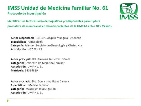 IMSS Unidad de Medicina Familiar No. 61 Protocolo de Investigación