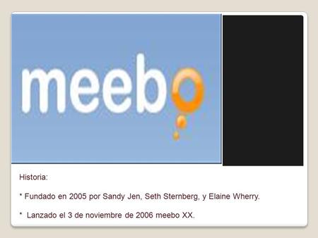 Historia: * Fundado en 2005 por Sandy Jen, Seth Sternberg, y Elaine Wherry. * Lanzado el 3 de noviembre de 2006 meebo XX.
