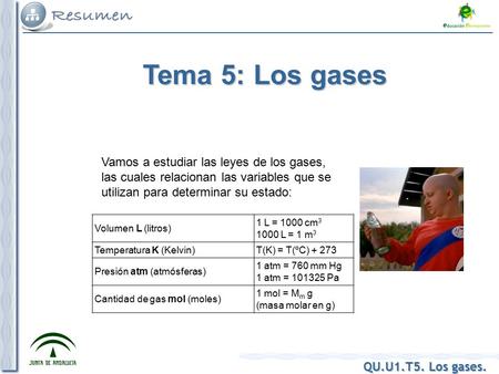 Tema 5: Los gases Vamos a estudiar las leyes de los gases, las cuales relacionan las variables que se utilizan para determinar su estado: Volumen L (litros)
