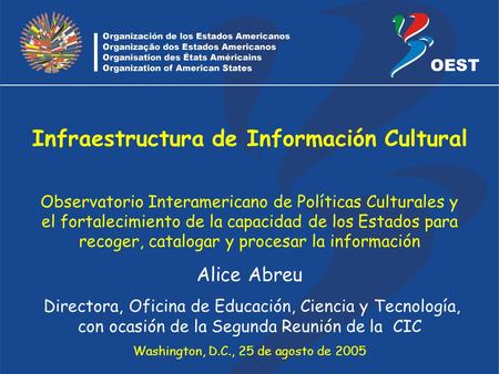 Caratula Infraestructura de Información Cultural Observatorio Interamericano de Políticas Culturales y el fortalecimiento de la capacidad de los Estados.