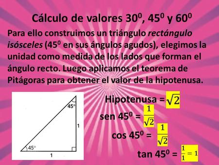 Cálculo de valores 300, 450 y 600 Hipotenusa = sen 450 = cos 450 =