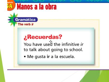 Verbo ir  Use ir with the word a to say that someone is going to a specific place.  Example: Voy a la biblioteca. (I’m going to the library).  When.