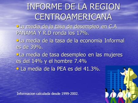 INFORME DE LA REGION CENTROAMERICANA La media de la tasa de desempleo en C.A PANAMA Y R.D ronda los 17%. La media de la tasa de desempleo en C.A PANAMA.