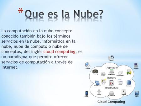 Que es la Nube? La computación en la nube concepto conocido también bajo los términos servicios en la nube, informática en la nube, nube de cómputo.