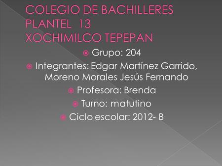  Grupo: 204  Integrantes: Edgar Martínez Garrido, Moreno Morales Jesús Fernando  Profesora: Brenda  Turno: matutino  Ciclo escolar: 2012- B.