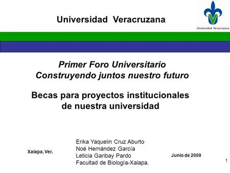 Primer Foro Universitario Construyendo juntos nuestro futuro Universidad Veracruzana Junio de 2009 1 Xalapa, Ver. Becas para proyectos institucionales.