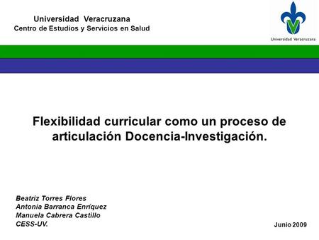 Universidad Veracruzana Centro de Estudios y Servicios en Salud Junio 2009 Flexibilidad curricular como un proceso de articulación Docencia-Investigación.