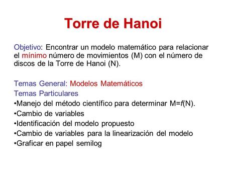 Torre de Hanoi Objetivo: Encontrar un modelo matemático para relacionar el mínimo número de movimientos (M) con el número de discos de la Torre de Hanoi.