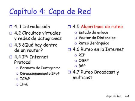 Capa de Red4-1 Capítulo 4: Capa de Red  4. 1 Introducción  4.2 Circuitos virtuales y redes de datagramas  4.3 ¿Qué hay dentro de un router?  4.4 IP: