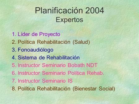 Planificación 2004 Expertos 1. Líder de Proyecto 2. Política Rehabilitación (Salud) 3. Fonoaudiólogo 4. Sistema de Rehabilitación 5. Instructor Seminario.