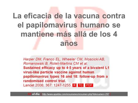 La eficacia de la vacuna contra el papilomavirus humano se mantiene más allá de los 4 años AP al día [
