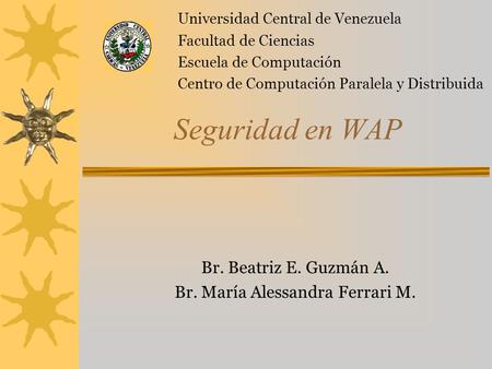 Seguridad en WAP Br. Beatriz E. Guzmán A. Br. María Alessandra Ferrari M. Universidad Central de Venezuela Facultad de Ciencias Escuela de Computación.