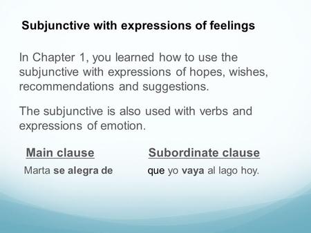 The subjunctive is also used with verbs and expressions of emotion. In Chapter 1, you learned how to use the subjunctive with expressions of hopes, wishes,