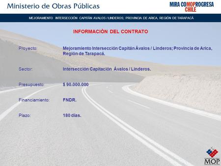 Proyecto:Mejoramiento Intersección Capitán Ávalos / Linderos; Provincia de Arica, Región de Tarapacá. Sector:Intersección Capitación Ávalos / Linderos.