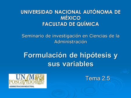UNIVERSIDAD NACIONAL AUTÓNOMA DE MÉXICO FACULTAD DE QUÍMICA Seminario de investigación en Ciencias de la Administración Formulación de hipótesis y.