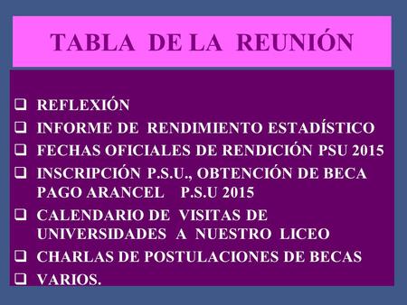 TABLA DE LA REUNIÓN REFLEXIÓN INFORME DE RENDIMIENTO ESTADÍSTICO