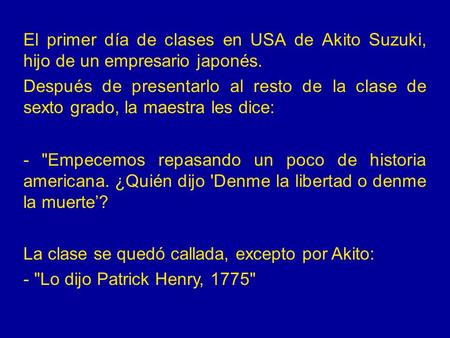El primer día de clases en USA de Akito Suzuki, hijo de un empresario japonés. Después de presentarlo al resto de la clase de sexto grado, la maestra les.