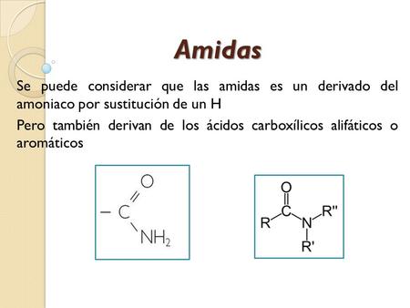 Amidas Se puede considerar que las amidas es un derivado del amoniaco por sustitución de un H Pero también derivan de los ácidos carboxílicos alifáticos.