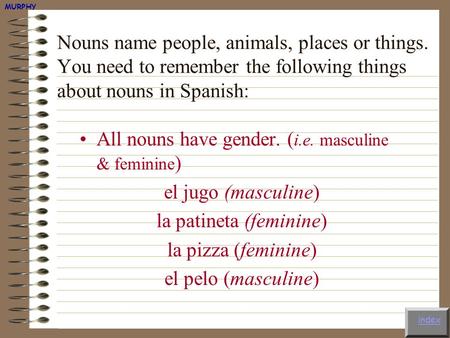 Nouns name people, animals, places or things. You need to remember the following things about nouns in Spanish: All nouns have gender. ( i.e. masculine.
