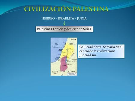 HEBREO - ISRAELITA - JUDÍA Palestina ( Fenicia y desierto de Siria) Galilea al norte; Samaria en el centro de la civilización; Judea al sur.