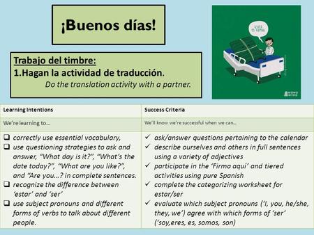 ¡Buenos días! Learning IntentionsSuccess Criteria We’re learning to… We’ll know we’re successful when we can…  correctly use essential vocabulary,  use.