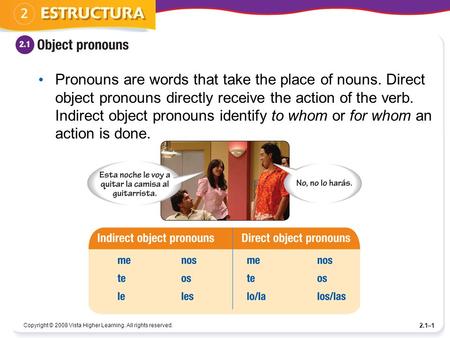 Copyright © 2008 Vista Higher Learning. All rights reserved. 2.1–1 Pronouns are words that take the place of nouns. Direct object pronouns directly receive.