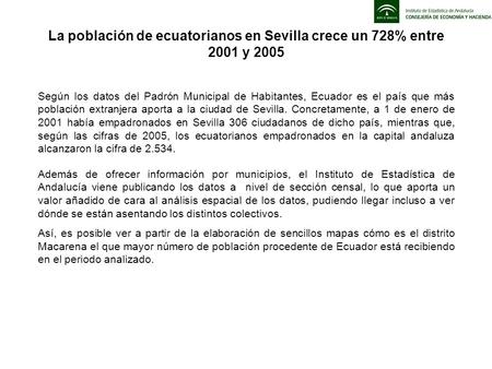 La población de ecuatorianos en Sevilla crece un 728% entre 2001 y 2005 Según los datos del Padrón Municipal de Habitantes, Ecuador es el país que más.