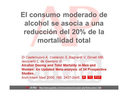 El consumo moderado de alcohol se asocia a una reducción del 20% de la mortalidad total AP al día [