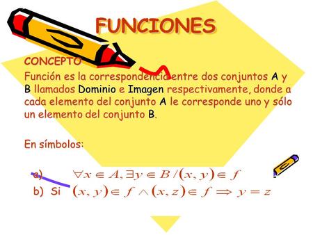 FUNCIONES CONCEPTO Función es la correspondencia entre dos conjuntos A y B llamados Dominio e Imagen respectivamente, donde a cada elemento del conjunto.