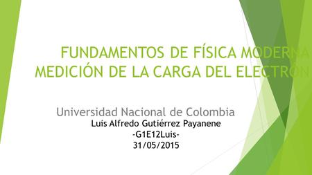 FUNDAMENTOS DE FÍSICA MODERNA MEDICIÓN DE LA CARGA DEL ELECTRÓN Universidad Nacional de Colombia Luis Alfredo Gutiérrez Payanene -G1E12Luis- 31/05/2015.