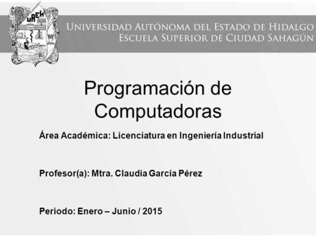 Programación de Computadoras Área Académica: Licenciatura en Ingeniería Industrial Profesor(a): Mtra. Claudia García Pérez Periodo: Enero – Junio / 2015.