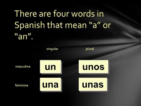 There are four words in Spanish that mean “a” or “an”. singularplural masculine feminine un una unos unas.