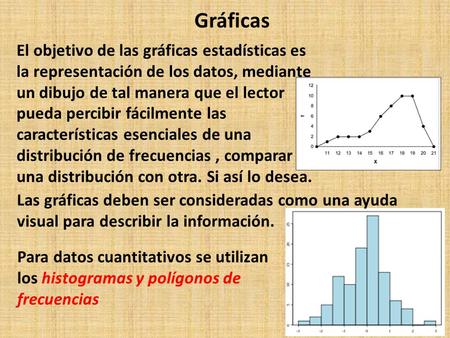 Gráficas El objetivo de las gráficas estadísticas es la representación de los datos, mediante un dibujo de tal manera que el lector pueda percibir fácilmente.