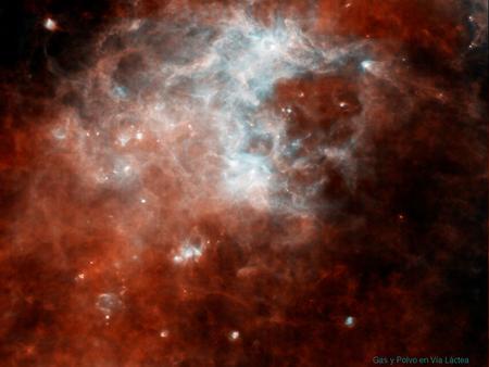 Gas y Polvo en Vía Láctea. Centro Vía Láctea. Tres cluster: Arquero (arriba derecha), Quíntuple, y estrella GC (abajo centro cerca de agujero negro)