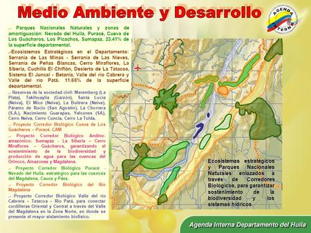 .- Parques Nacionales Naturales y zonas de amortiguación: Nevado del Huila, Puracé, Cueva de Los Guácharos, Los Picachos, Sumapaz. 23.41% de la superficie.